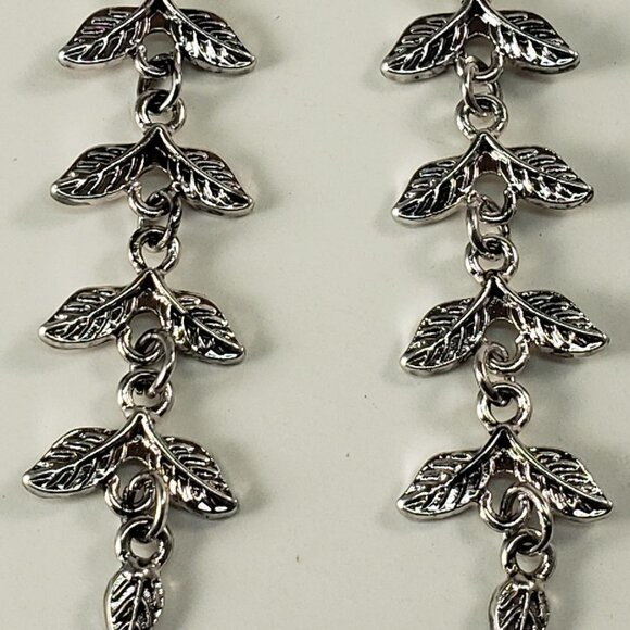 3.75 Inch Textured Metal Leaves Design Drop Dangle Earrings - Silver Tone Finish - Picture 5 of 9